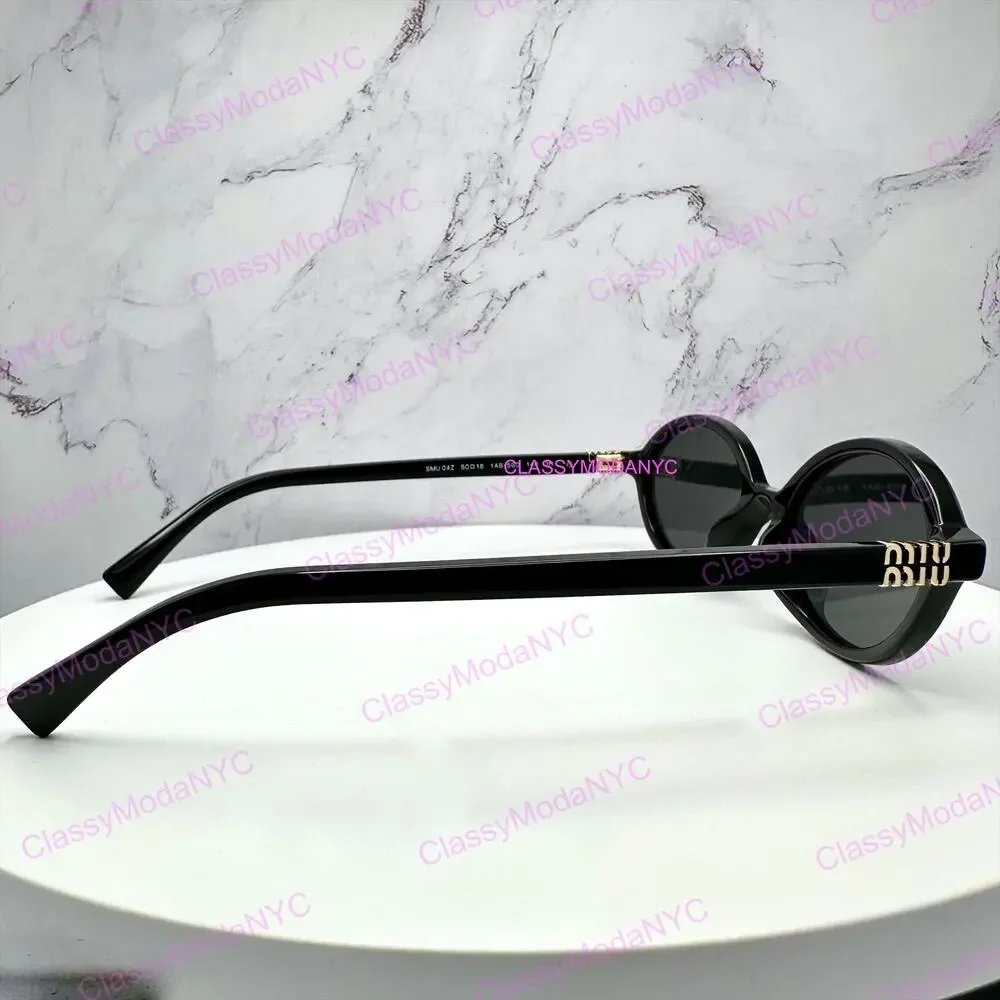 New MIU MIU Sunglasses Black Acetate Slim Round Gold Metal Logo Authentic Women